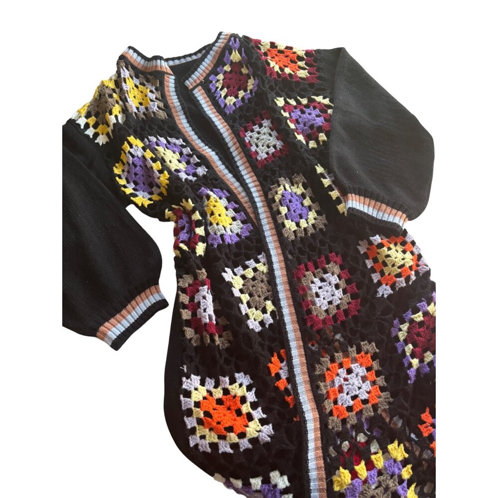 Vintage Boho Crochet Long Cardigan Multicolor Patchwork Design